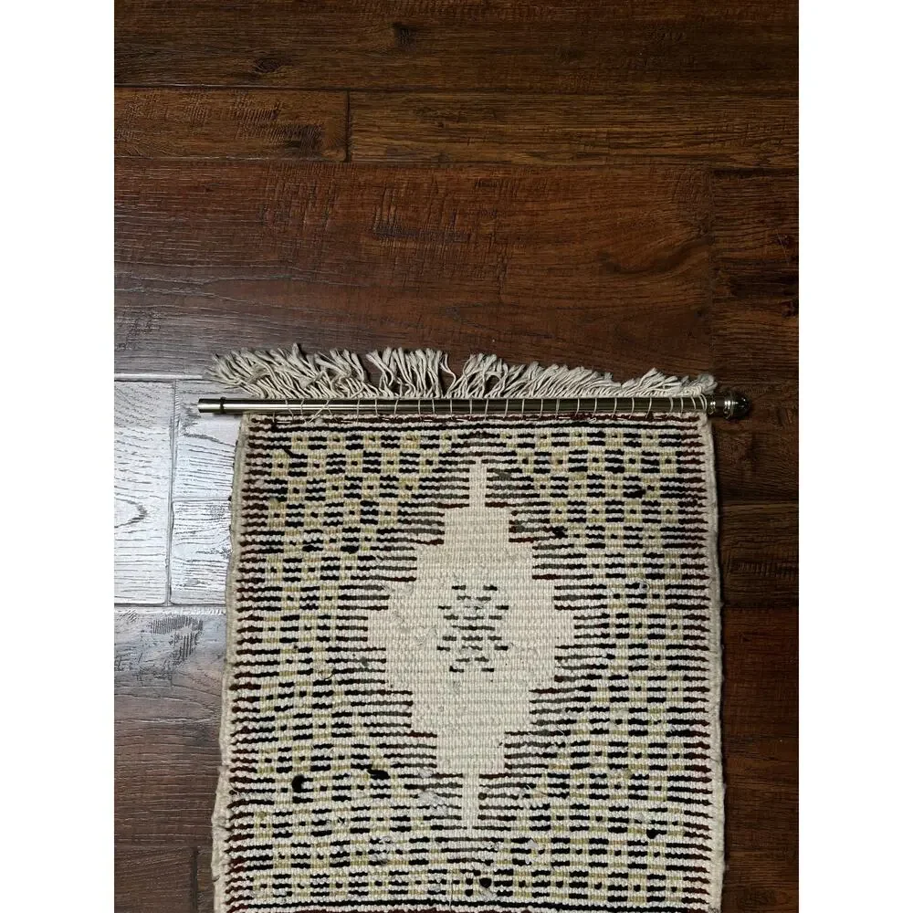 Vintage Wool Wall Hanging Crewel – Geometric Double Panel Tapestry with Fringe
